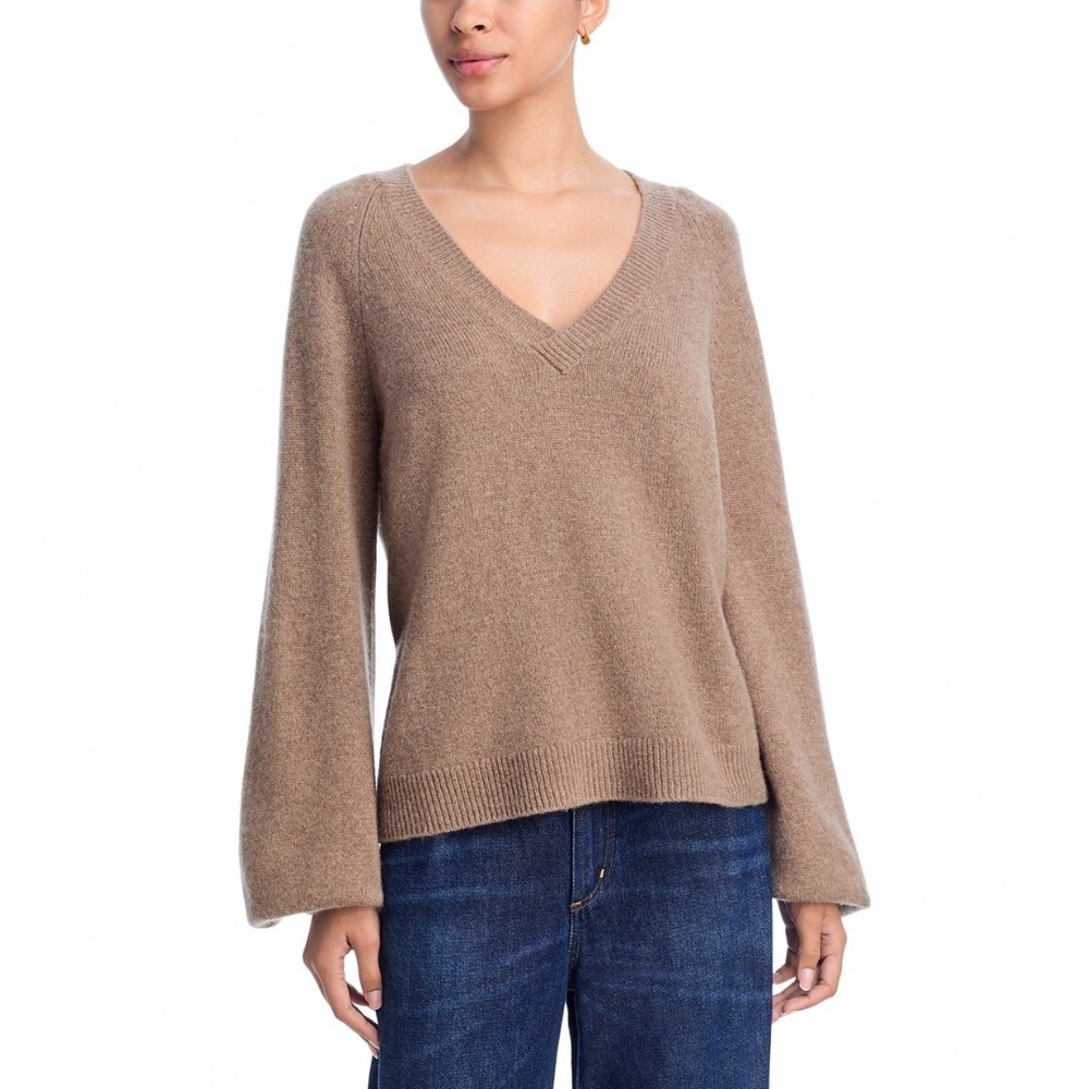 PAIGE Thea Cashmere Sweater Heather Brown V-Neck Blouson Sleeve Pullover Medium